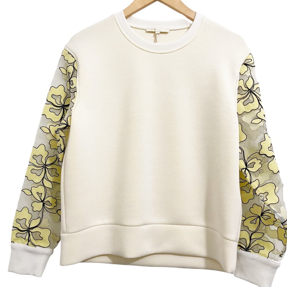Maje Cream Organza Floral Sleeve Sweatshirt Pullover Top